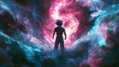 Lone cosmic warrior embraced by swirling neon starlight.