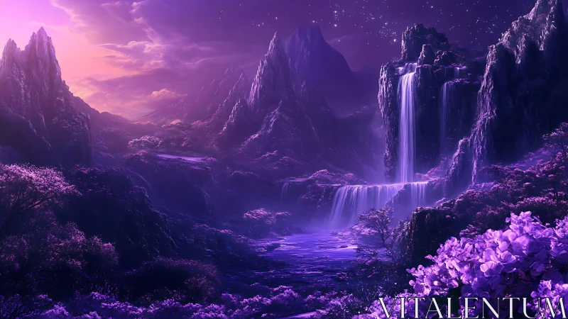 Violet fantasy valley with glowing waterfalls and peaks.
