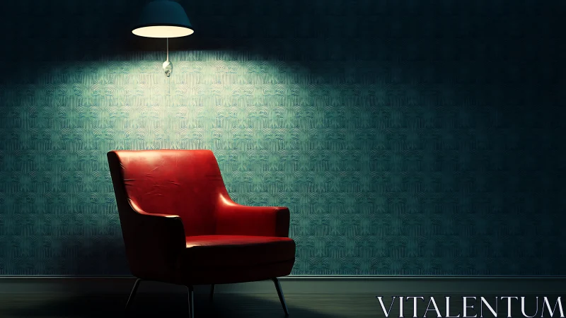 Red leather lounge chair under single moody floor lamp.