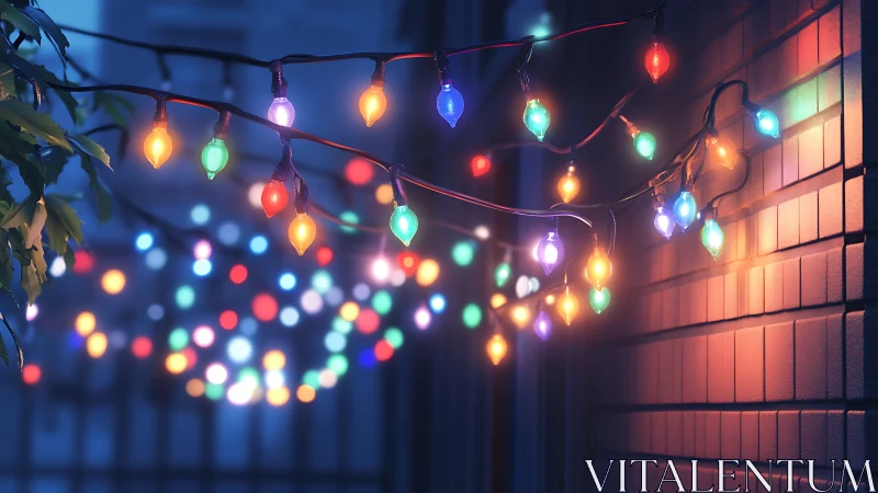 Glowing patio string lights along a softly lit brick wall.