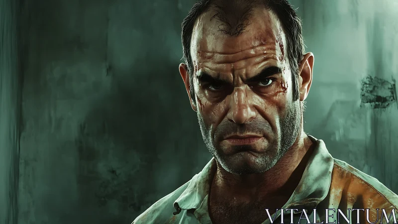 Battle-scarred prisoner glares ahead in stark green light