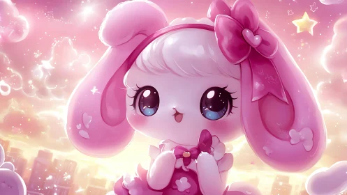 Pink cartoon bunny character in pastel city sky scene.