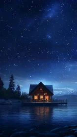 Digital nightscape of lakeside cabin under starfield sky.