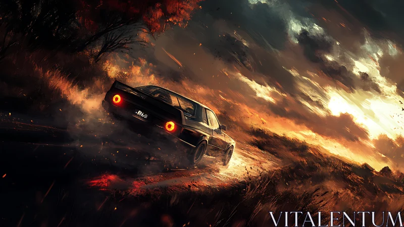 Muscle car drifts through burning sunset storm over dirt road