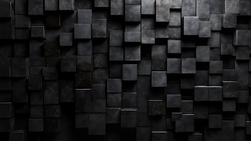 Dark geometric wall of staggered metallic cubes pattern.