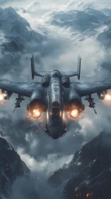 Stormborn strike jet roaring through frozen mountain fire.