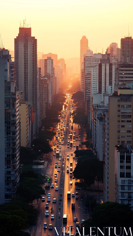 Sunset light streams through a busy high-rise avenue.