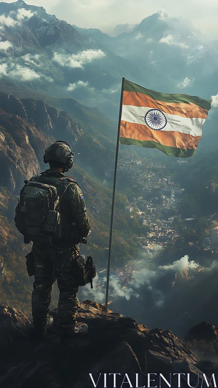 Indian soldier overlooks misty Himalayan valley at dawn.