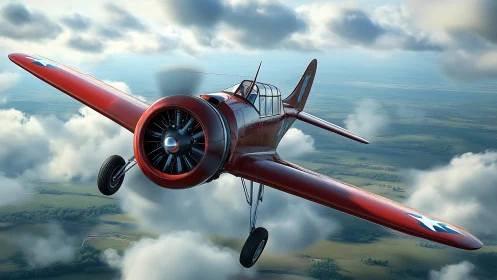 Red single engine propeller aircraft in mid level flight.