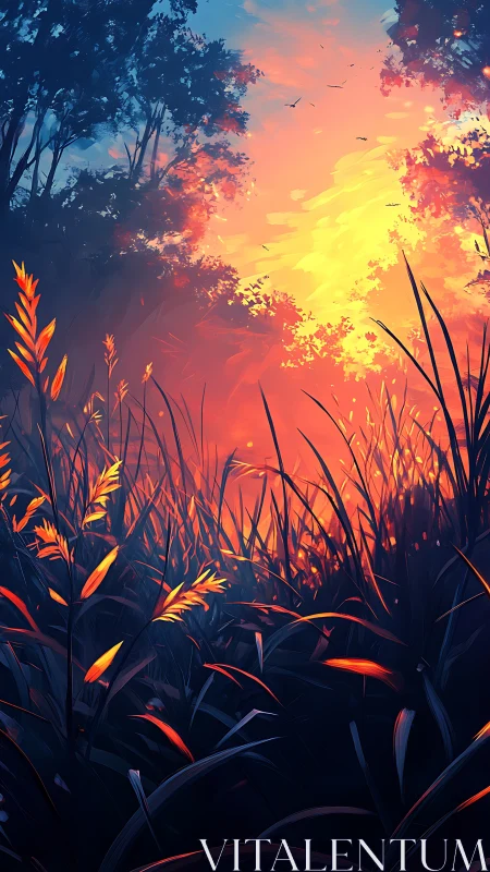 Sunset grassland ignites under a twilight blaze of color.