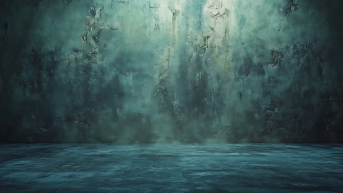 Empty textured concrete room shows worn teal wall and floor