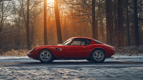 Red classic sports car glows against a frosty winter forest