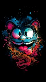 Cartoon rodent face is rendered with neon fluid effects