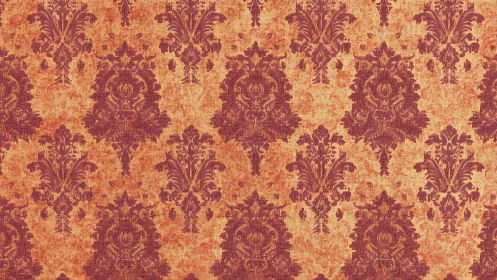 Distressed damask repeat pattern in burnt orange and plum tones