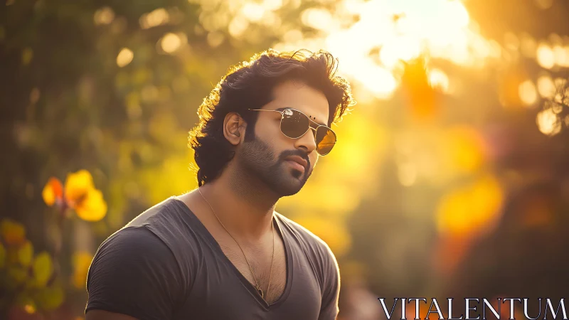 Man in sunglasses basks in golden sunset bokeh glow outdoors