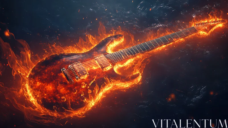 Flaming electric guitar slicing through dark smoke.