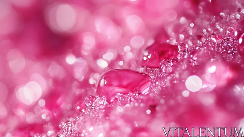 Macro view shows translucent droplets on pink bokeh field