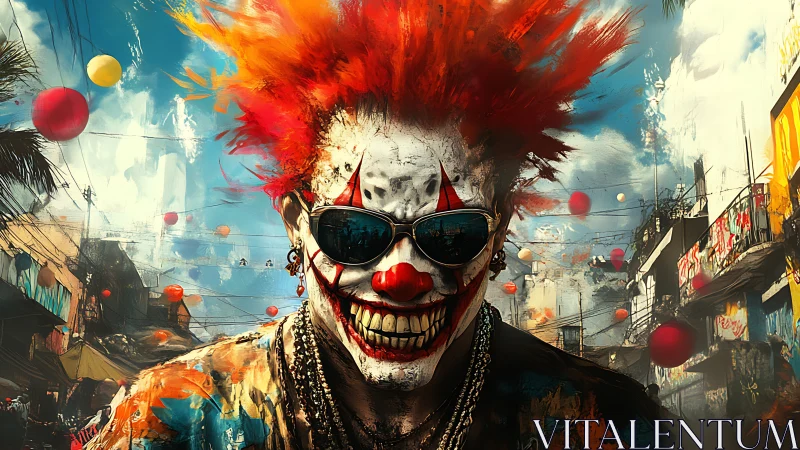 Psycho neon clown grinning in chaotic urban carnival street.
