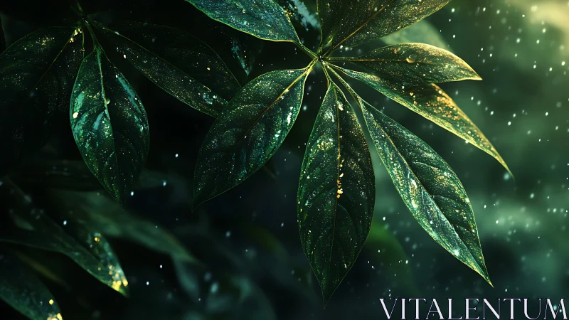 Glowing rainforest leaves shimmer with luminous golden dust.