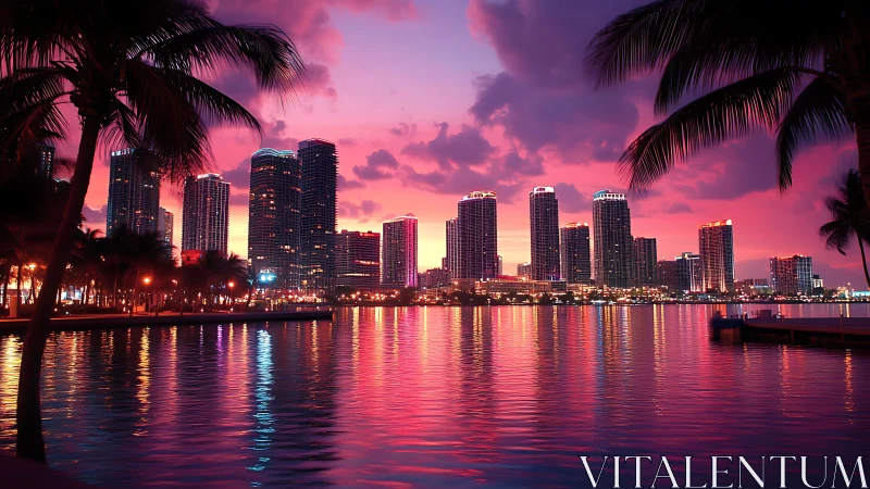 Sunset city skyline glows gently over calm tropical water
