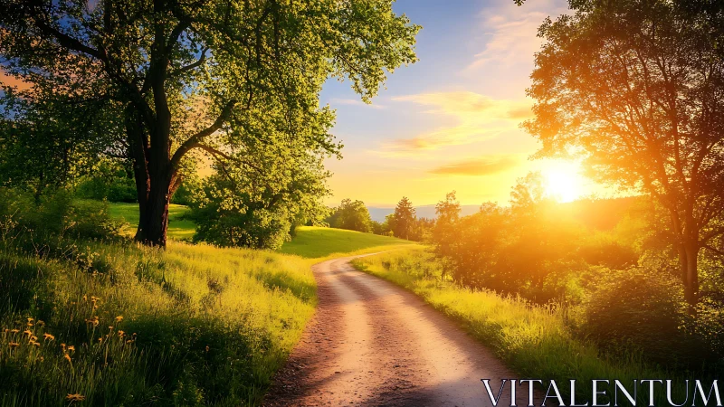 Sunlit country lane welcoming an unhurried evening walk.