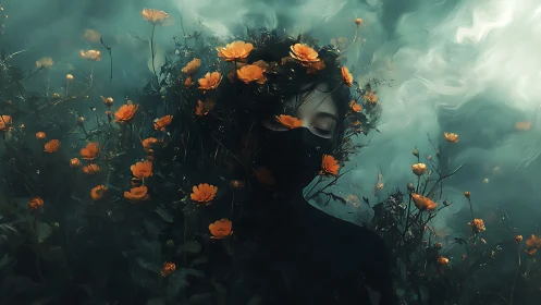 Masked dreamer adrift in a storm of luminous orange blooms.