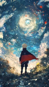 Celestial vortex sky over lone ninja silhouette in landscape