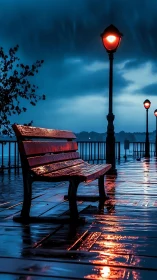 Rain-soaked bench under lamplight on waterfront promenade.