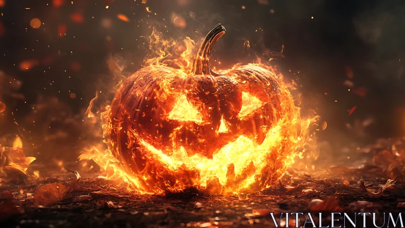 Fiery Jack-O'-Lantern Ablaze Against Darkness.
