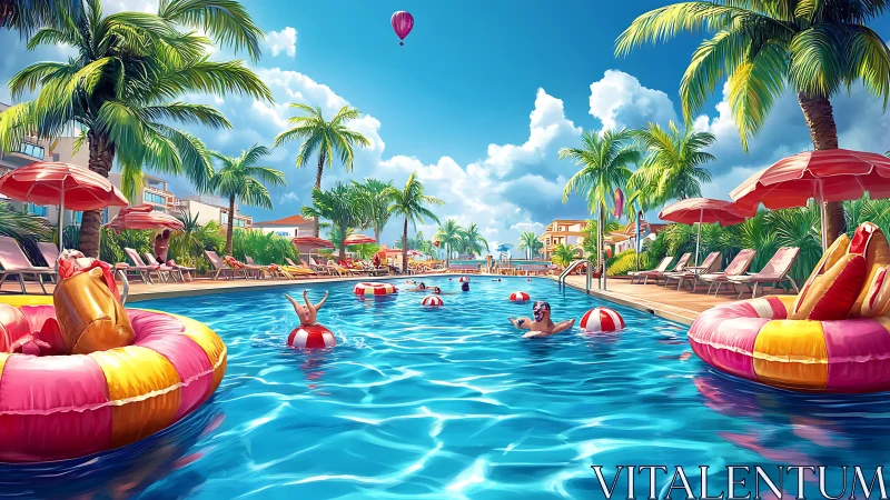 Sunlit resort pool escape with playful vacation floaties.