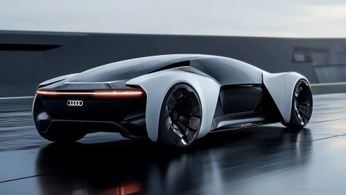 Futuristic white Audi concept car on sleek modern roadway.