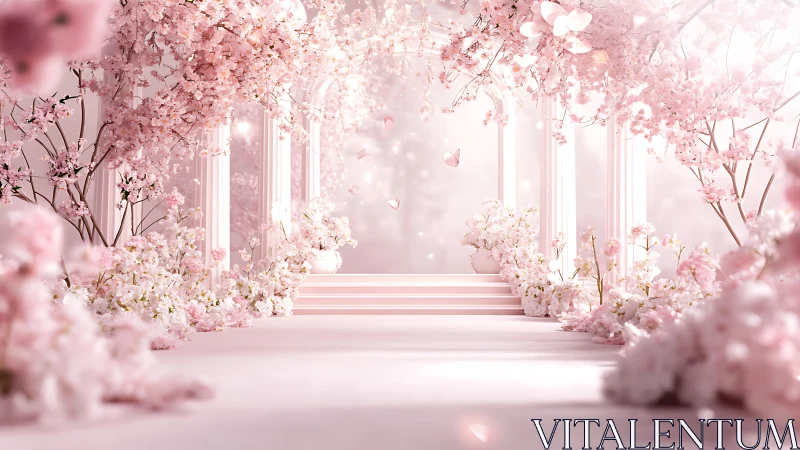 Blush-pink blossom archway framing an ethereal dream aisle.