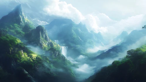 Lush mountain valley with waterfalls under dense cloud cover.