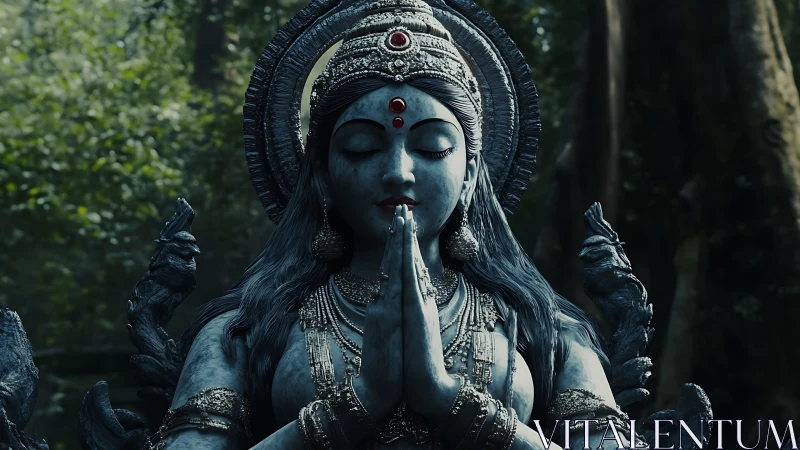 3D rendered serene goddess statue in forest chiaroscuro composition.