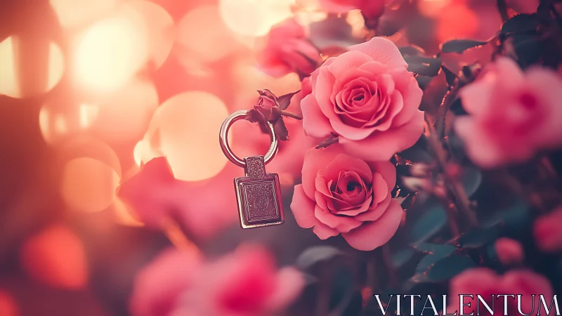 Keychain pendant with roses in soft focus warm lighting.