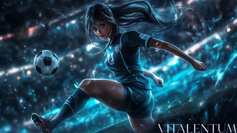 Dynamic cyber-lit striker kicks ball in high-intensity stadium