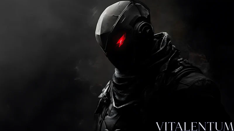 Midnight android sentinel with scarlet predator stare.