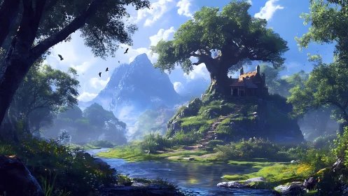 Fantasy Landscape: Castle Nestled Among Misty Mountains.