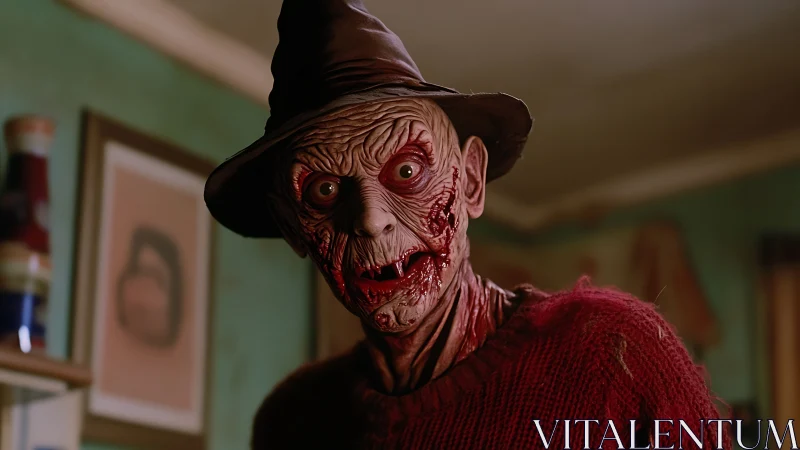 Close-up horror portrait of scarred ghoul in worn fedora hat