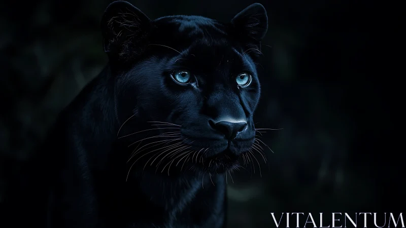 Black Panther with Luminous Blue Eyes in Darkness