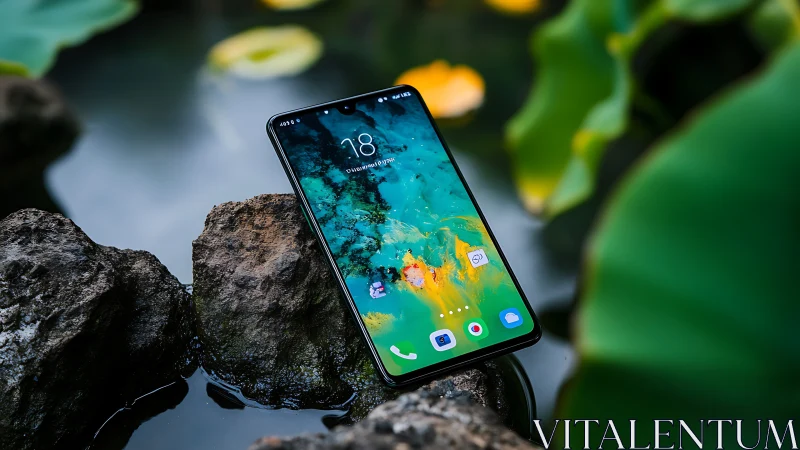 Smartphone on Mossy Rocks by Water Stream.