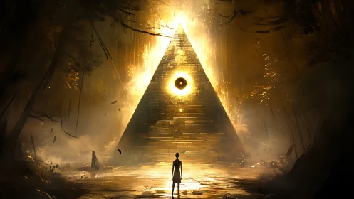 Solitary figure before glowing pyramid eye portal.