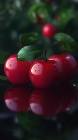 Specular red apples with surface droplets and reflective pool.