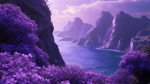 Purple Fjord Cliffscape with Blooming Violet Flora.