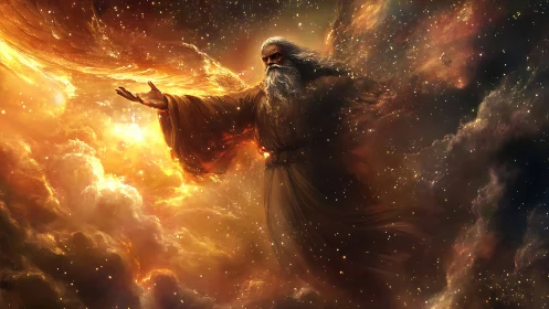 Celestial sage summons galaxies in roaring solar clouds.