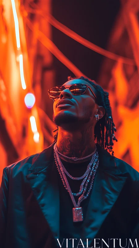 Neon-lit urban icon gazes skyward in blazing night color.