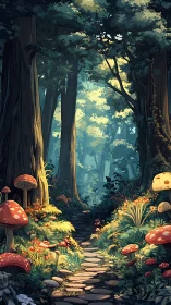 Enchanted Forest Pathway with Toadstool Vegetation