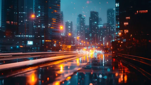 Rain-soaked futuristic city street glows with neon traffic