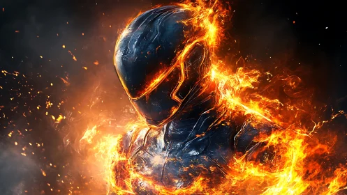 Armored humanoid figure engulfed in dynamic orange flames.