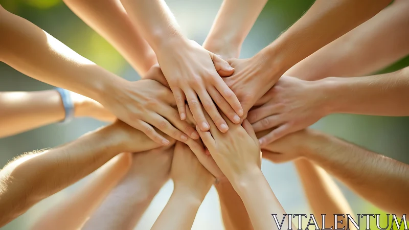 Group of hands stacked together in unity outdoors, bright style.